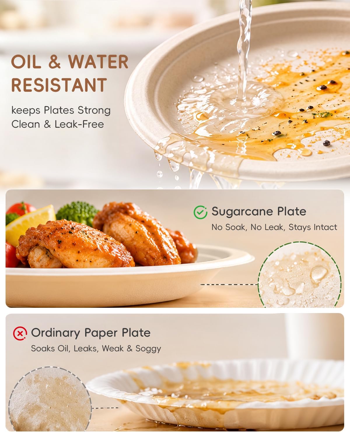 Goodluck 9 Inch Natural Compostable Sugarcane Paper Plates,100 Pack