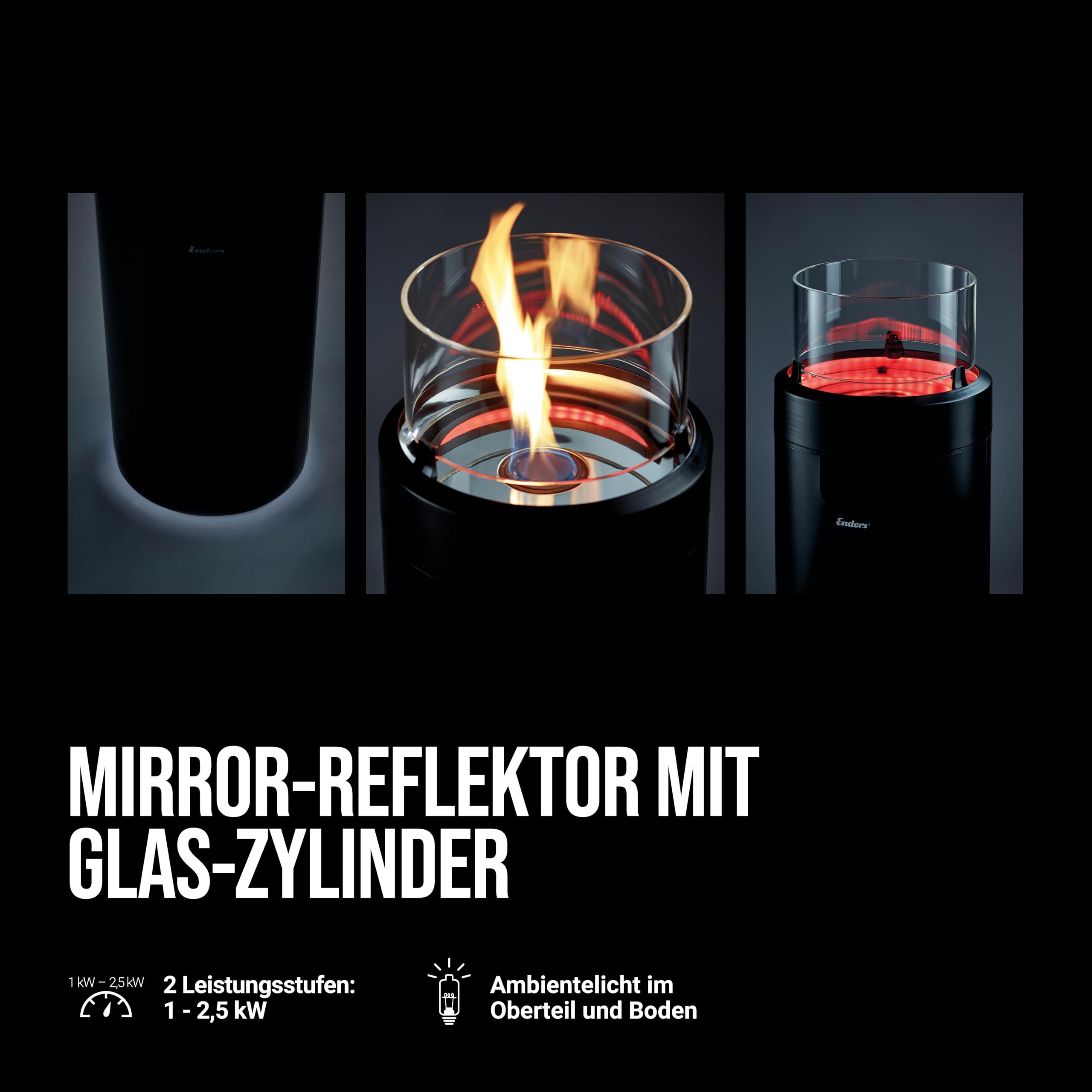 Enders Terrassenfeuer NOVA LED TABLE BLACK L, Gas Terrassenfeuer mit Ambientebeleuchtungen, ECO GREEN Brenner-Technologie und exzellentem Design, H102cm Ø 62cm, Tischablage, Schwarz #5901