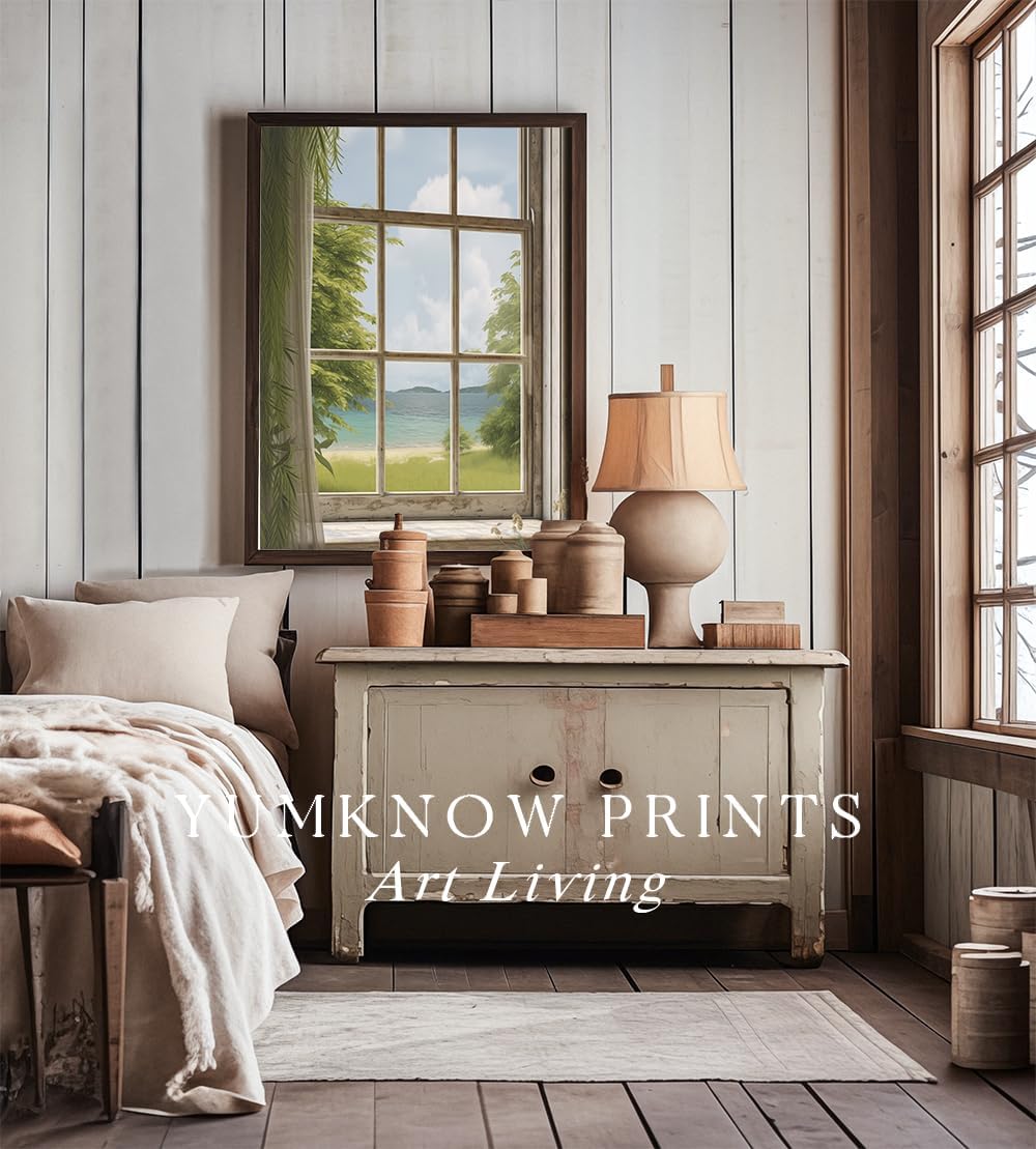 Rolled Canvas 24x36 Print Wall Decor - Windows View to Nature Wall Art - Decoration Bedroom, Living Room Office - Serene Tranquil Beach Lake Photograh Trees - Summer Costal Ocean Trees Forest Mountain