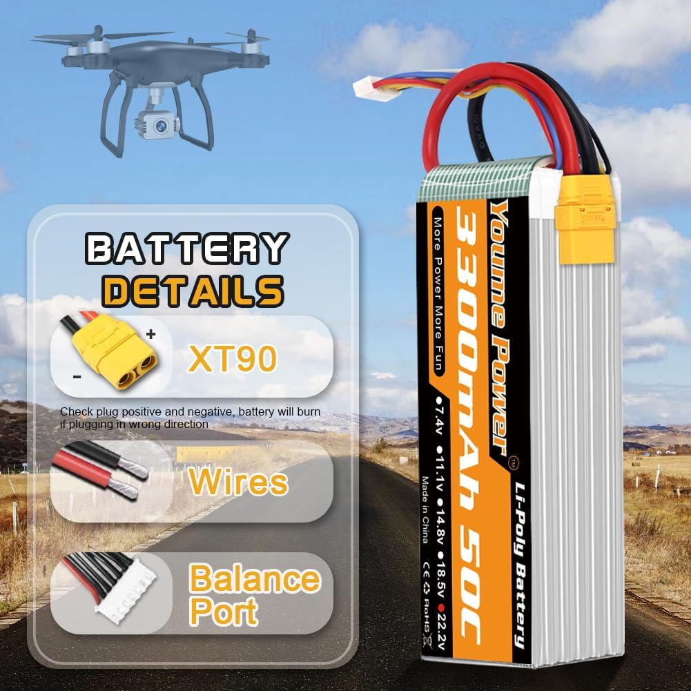 Close-up of the XT90 connector and balance port on the LiPo battery.