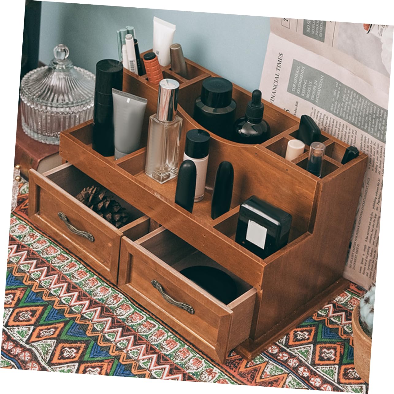 MAGICLULU Schublade mit 2-fach Schubladendesign im Vintage Stil Aufbewahrung Schmuck Großer Stauraum und Schreibtisch Organizer für Make Up und Kosmetik