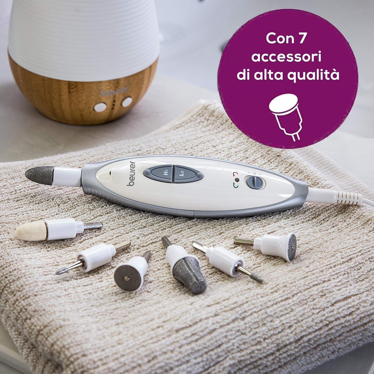 Beurer MP 41 Fresa Elettrica per Unghie con 7 Accessori in Zaffiro e Feltro, Manicure e Pedicure Professionale a 4600 Giri/min, Luce LED, Rotazione Reversibile, Adatto a Diabetici, con Custodia