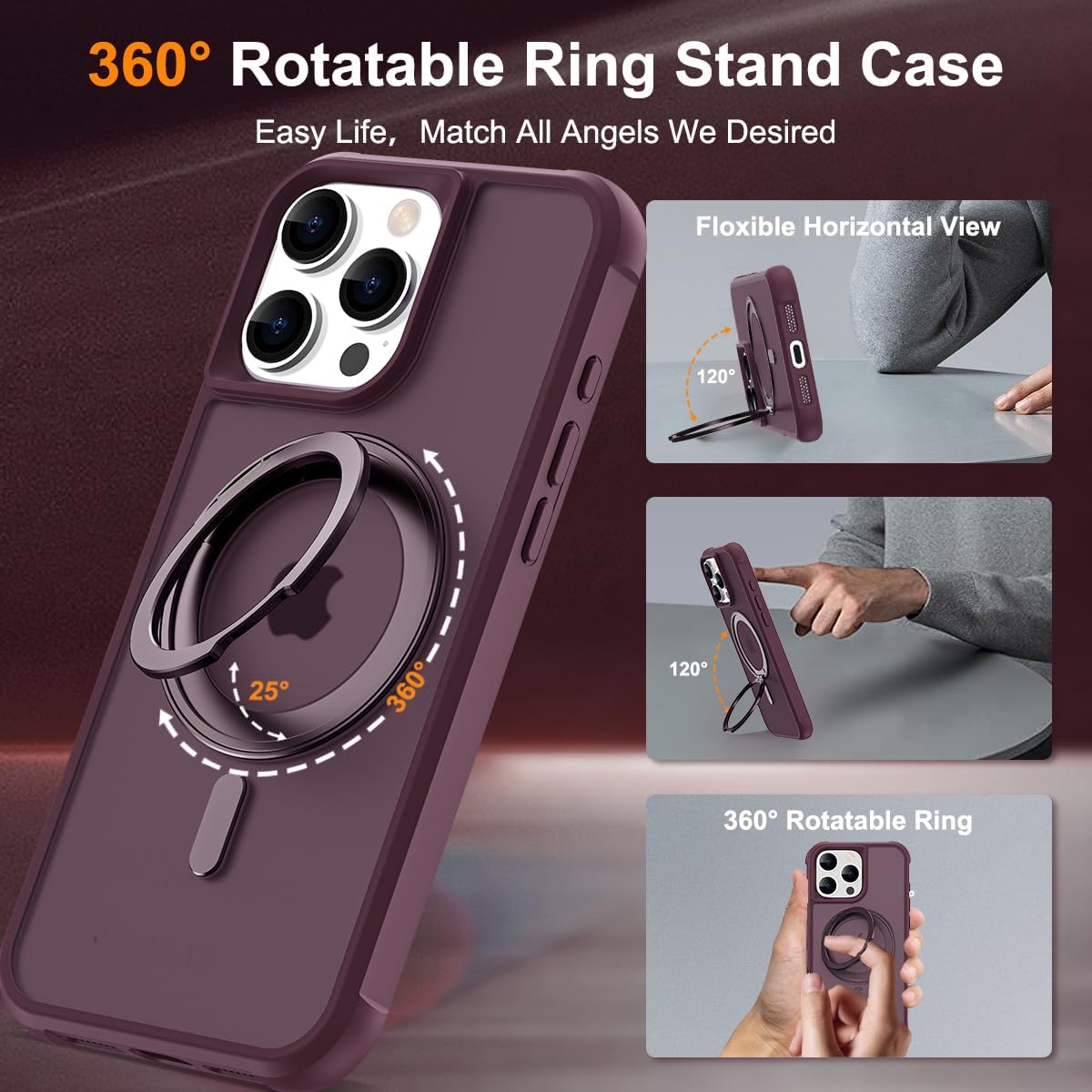 for iPhone 16 Pro Case with 360° Rotatable Magnetic Ring Stand [Compatible Mag-Safe] [Military Grade Protection] Translucent Matte Phone Cases for Women Men 6.3'', Wine Red