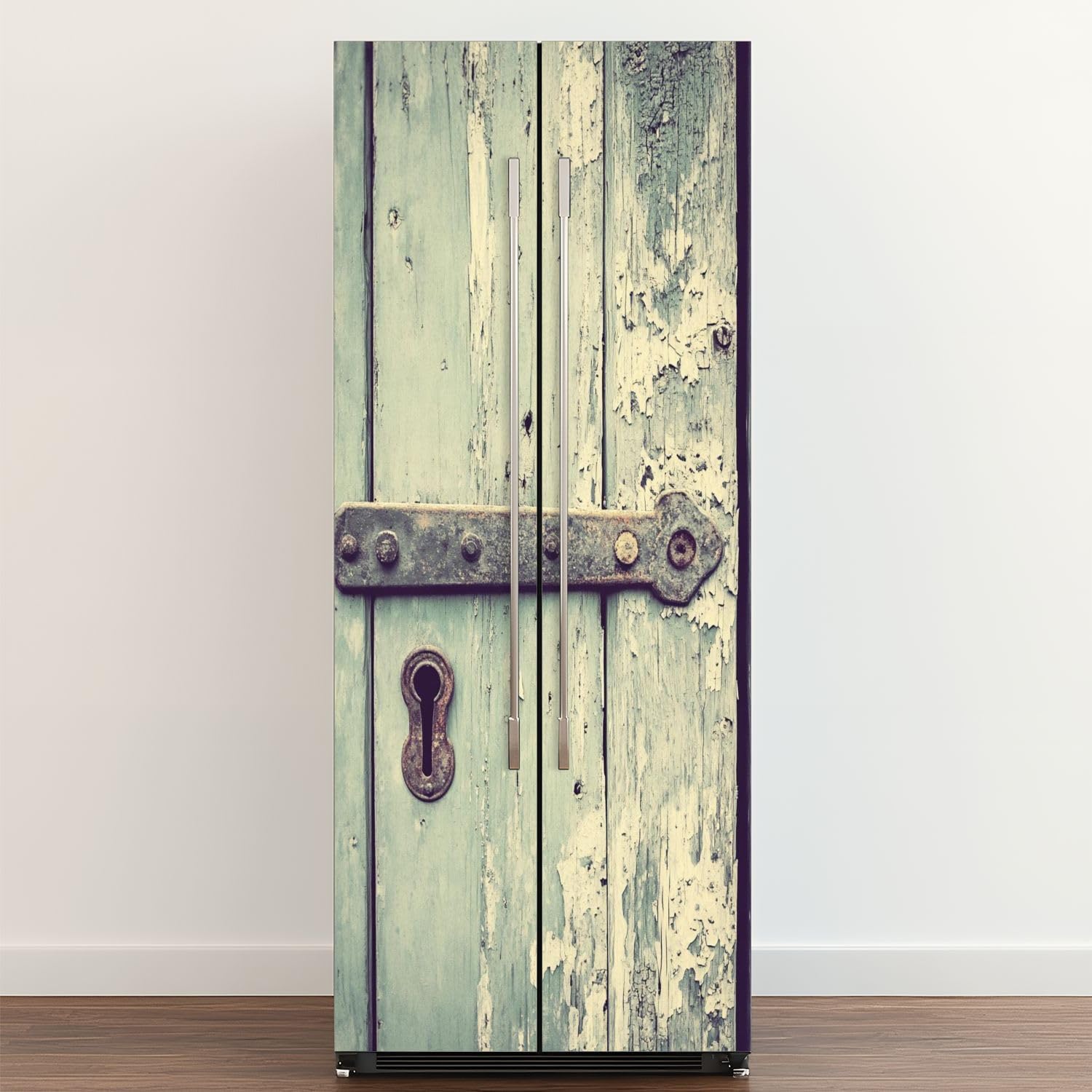 Self Adhesive Vinyl Refrigerator Wrap Old Planks Rivets Rusty Iron Vintage Wooden Door Rustic Kitchen Decor Door Mural Sticker Peel and Stick Removable Door Cover Fridge Wrap Decal for Kitchen Decor