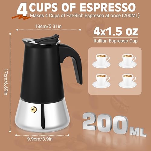 Miniatura 6 de Moka Pot, 4 tazas (7.1 onzas) para máquina de café expreso, olla moka de acero inoxidable 304, compatible con inducción, color negro