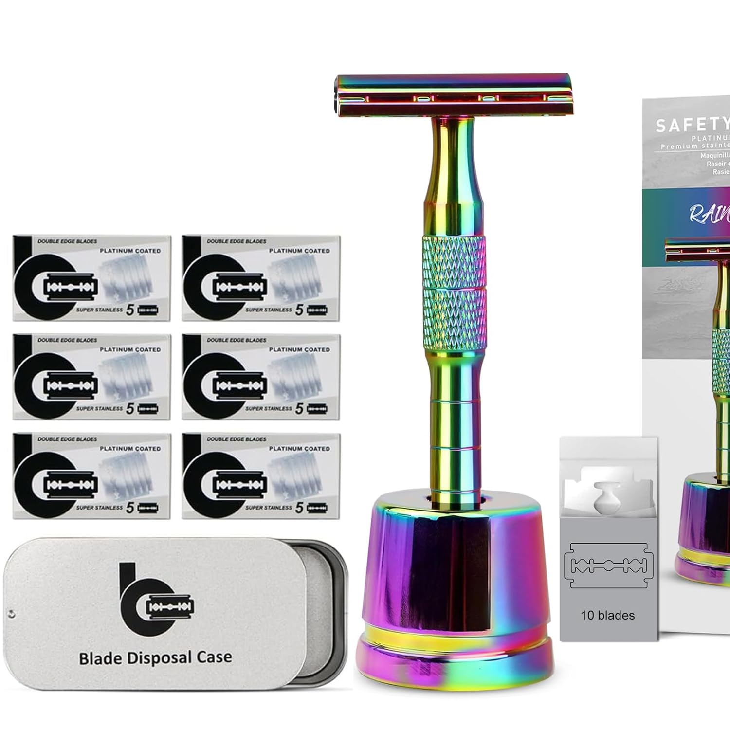 Rainbow Safety Razor with Stand, 1 Razor Blade Bank + 30 Blades