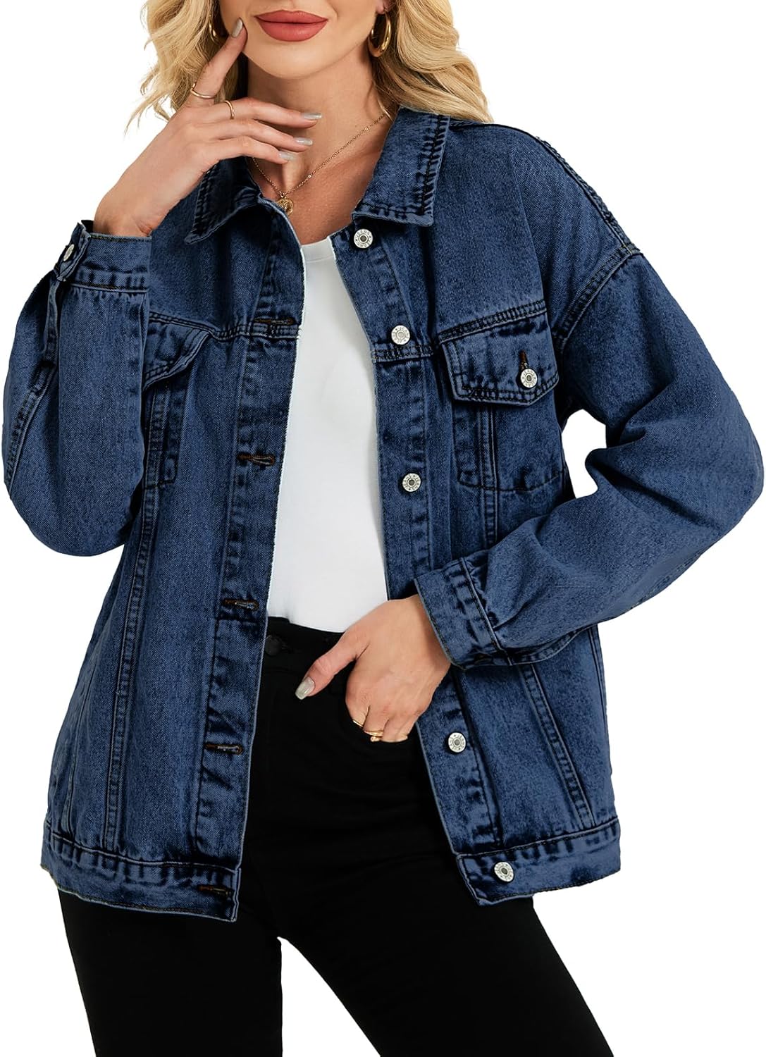 LifeShe Oversized Denim Jacket Women Boyfriend Jean Jacket Trendy Loose Shacket Spring Trucker Coats