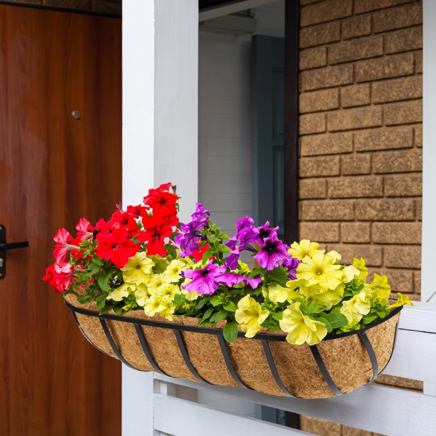 4 Pack 24 Inch Window Deck Railing Planter Boxes with Coconut Liner, Large Hanging Window Flower Boxes Metal Railing Planter for Balcony Fence Porch (4, 24 Inch)