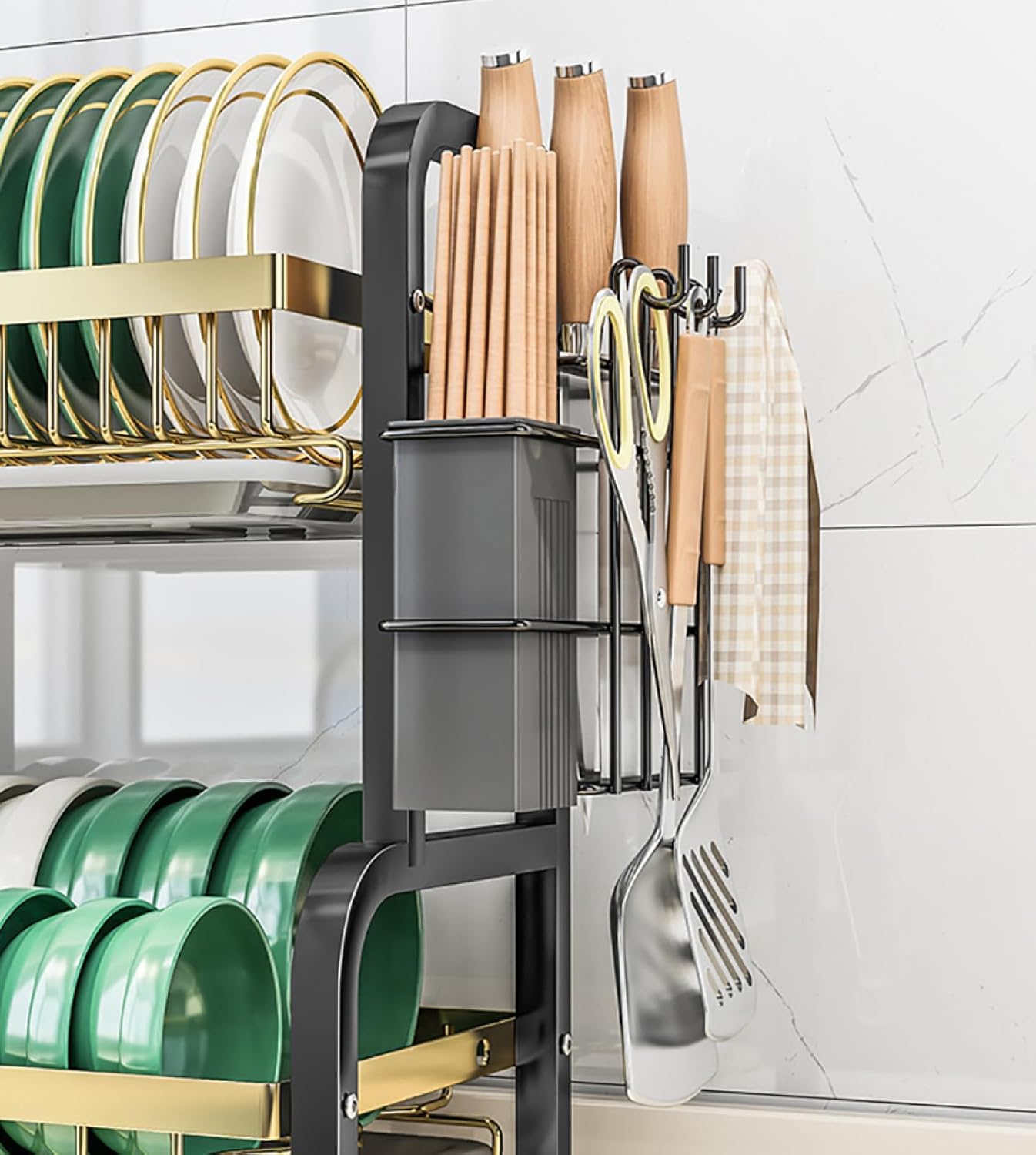 CAKERS Dish Drying Rack with Removable Drain Tray|Carbon Steel Dish Strainers for Kitchen Counter|Tableware Holder Dinnerware Drainer Organizer,Black Gold,2 Tier(Extra Long)-Main Shelf with Set