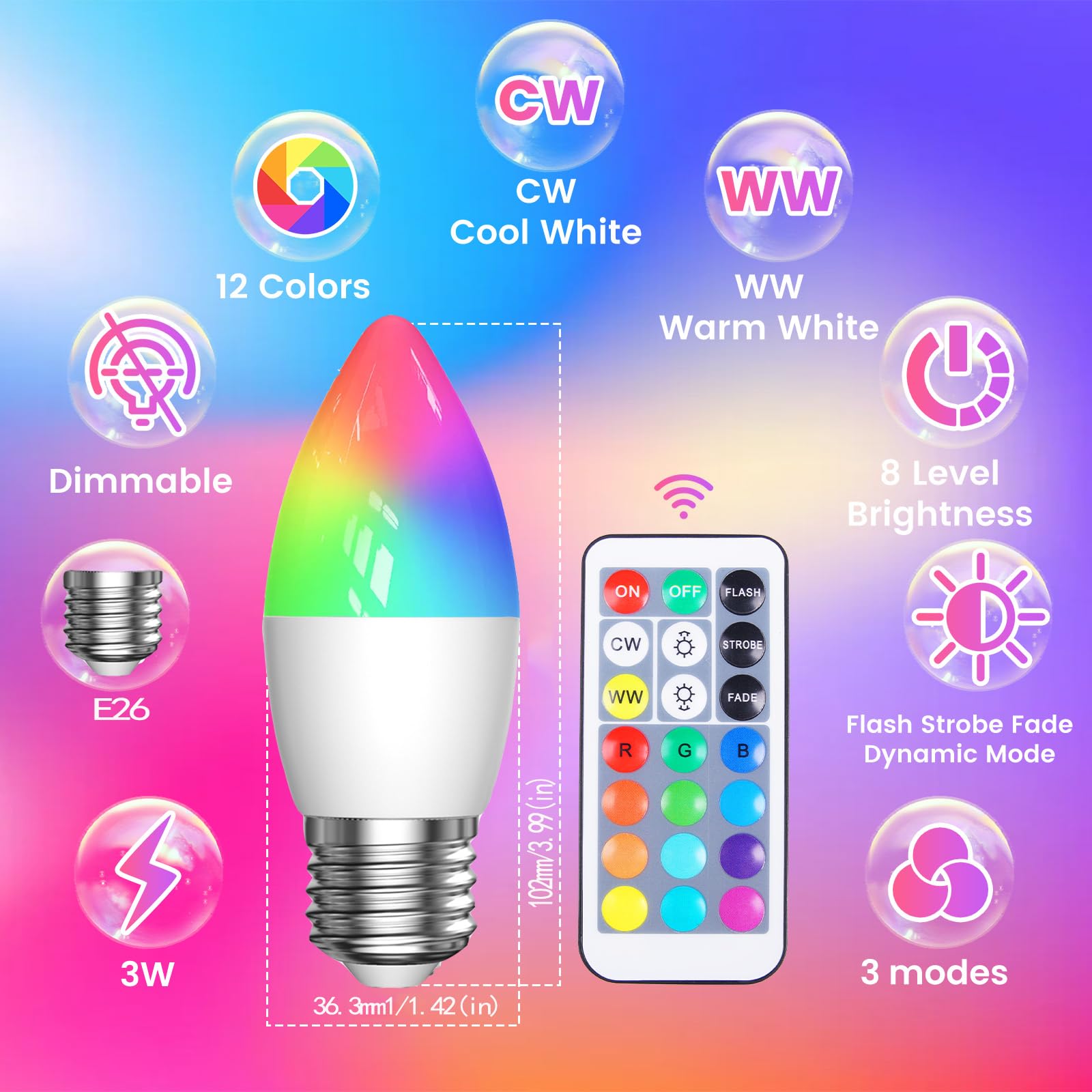 Luxvista B10 RGB LED Light Bulb - E26 Color Changing LED Bulb - 3W