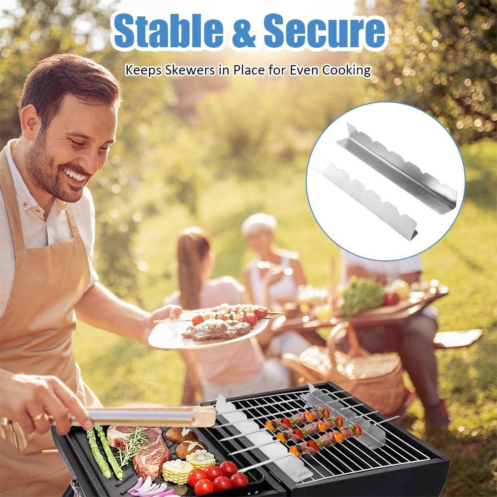 Zestaw 4 uchwytów na szpikulce BBQ ze stali nierdzewnej z 6 nacięciami | Kompatybilne z płaskimi szpikulcami do grillowania na świeżym powietrzu