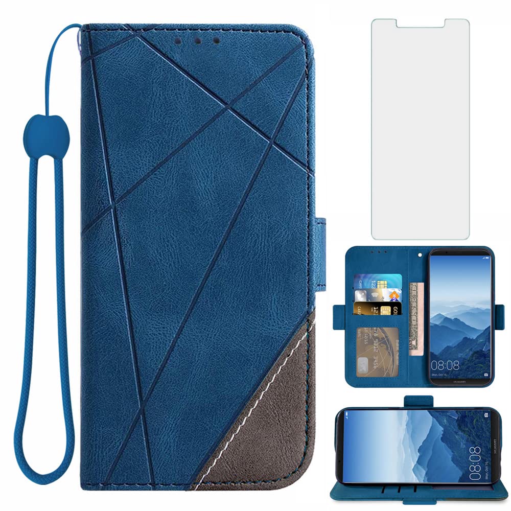 Custodia Portafoglio Asuwish Per Huawei Mate 10 Pro Con Pellicola E Catena – Blu – 6 Slot Carte E Cerniera