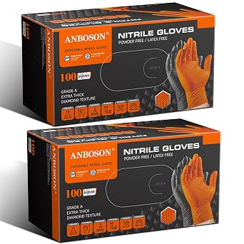 ANBOSON 2 box Heavy Duty Nitrile Gloves with Raised Diamond Texture,Strong Grip, Latex Free, [large black]+[large orange]