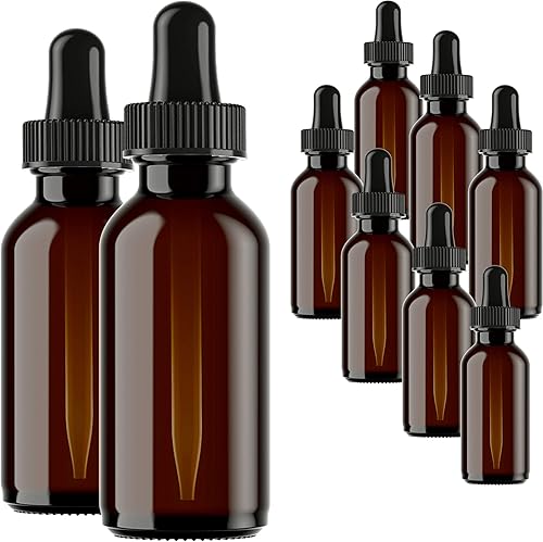 Botellas de vidrio para aceites esenciales – Paquete de 9 botellas de ámbar vacías recargables de 1.0 fl oz con cuentagotas y tapa – Suministros de