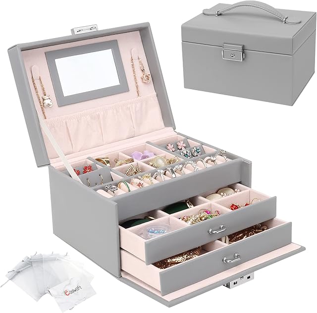 Jewellery Box Organiser, 3 Layers PU Leather Jewelry Storage Case with Mirror and Lock, Lockable Jewellery Organiser with 2 Drawers for Rings, Bracelets, Earrings, Grey