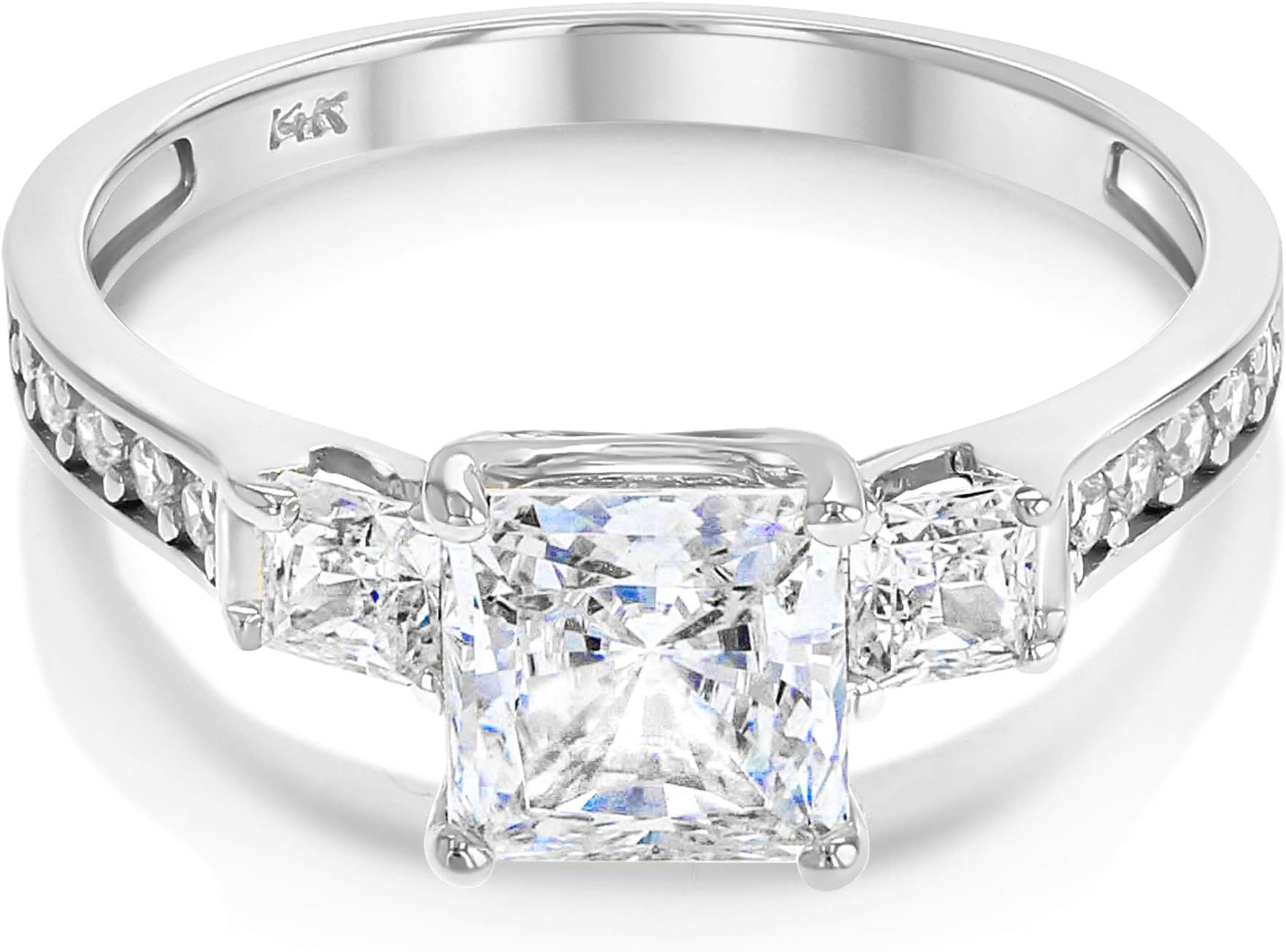 14K Solid White Gold 1.5 Ct. Princess Cut 3 Stone CZ Engagement Ring With Stones in Band - Size 4