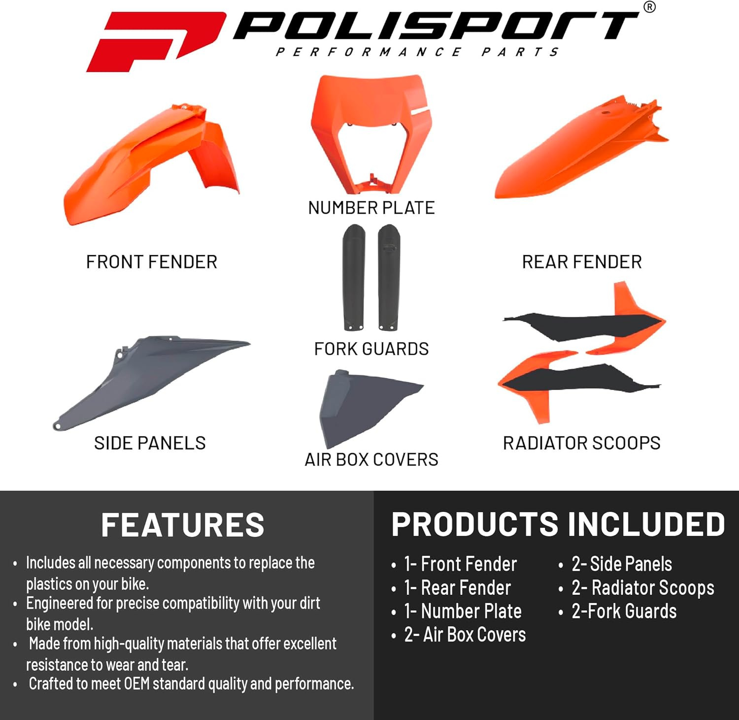 Polisport Motocross (MX) Replica Plastic Kit for KTM EXC/EXC-F & XC-W/XCF-W (2020–2023) Dirt Bike – OEM Quality, Durable, Flexible & Perfect Fit – Black/Orange
