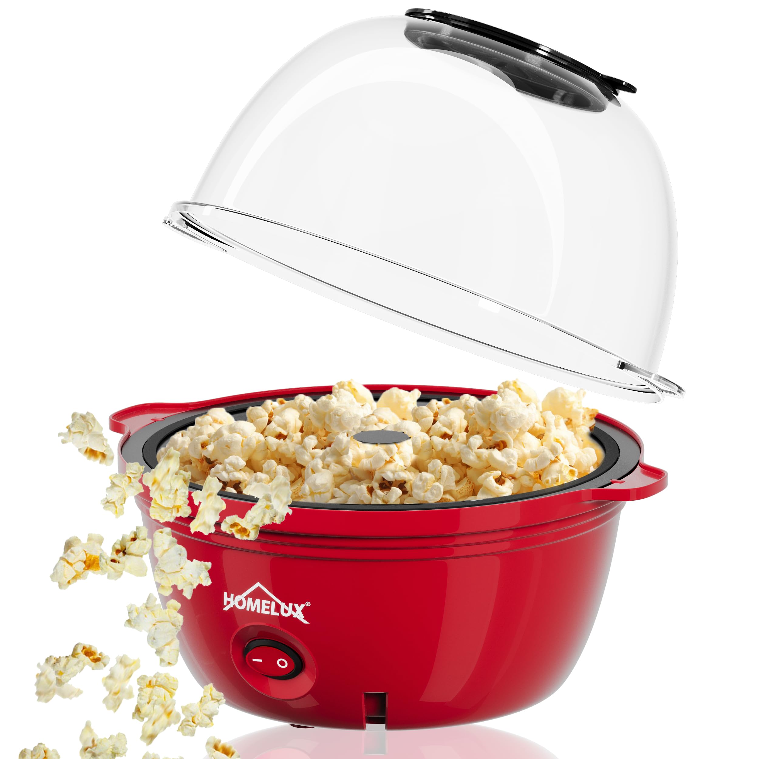 HOMELUX Mini macchina per popcorn da 450 W, rivestimento antiaderente con cucchiaio dosatore | Coperchio come ciotola da portata, silenziosa e veloce, macchina per popcorn per casa, feste e bambini, rosso
