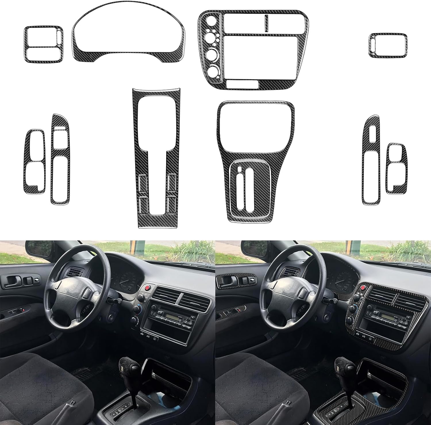 Real Premium 3K Carbon Fiber 17 PCS Full Set Interior Decoration Trim Kit Compatible with Honda Civic 1999 2000 2DOOR Black