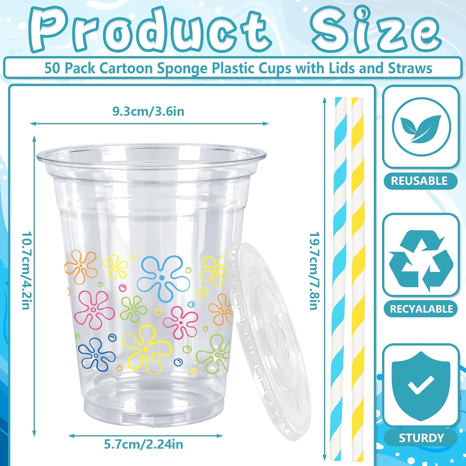 Whaline 50Pcs Cartoon Sponge Plastic Cups with Lids Straws Colorful Bikini Flower Clear Plastic Cups 12oz Disposable Cup for Birthday Baby Shower Party Favors Supplies - Image 2
