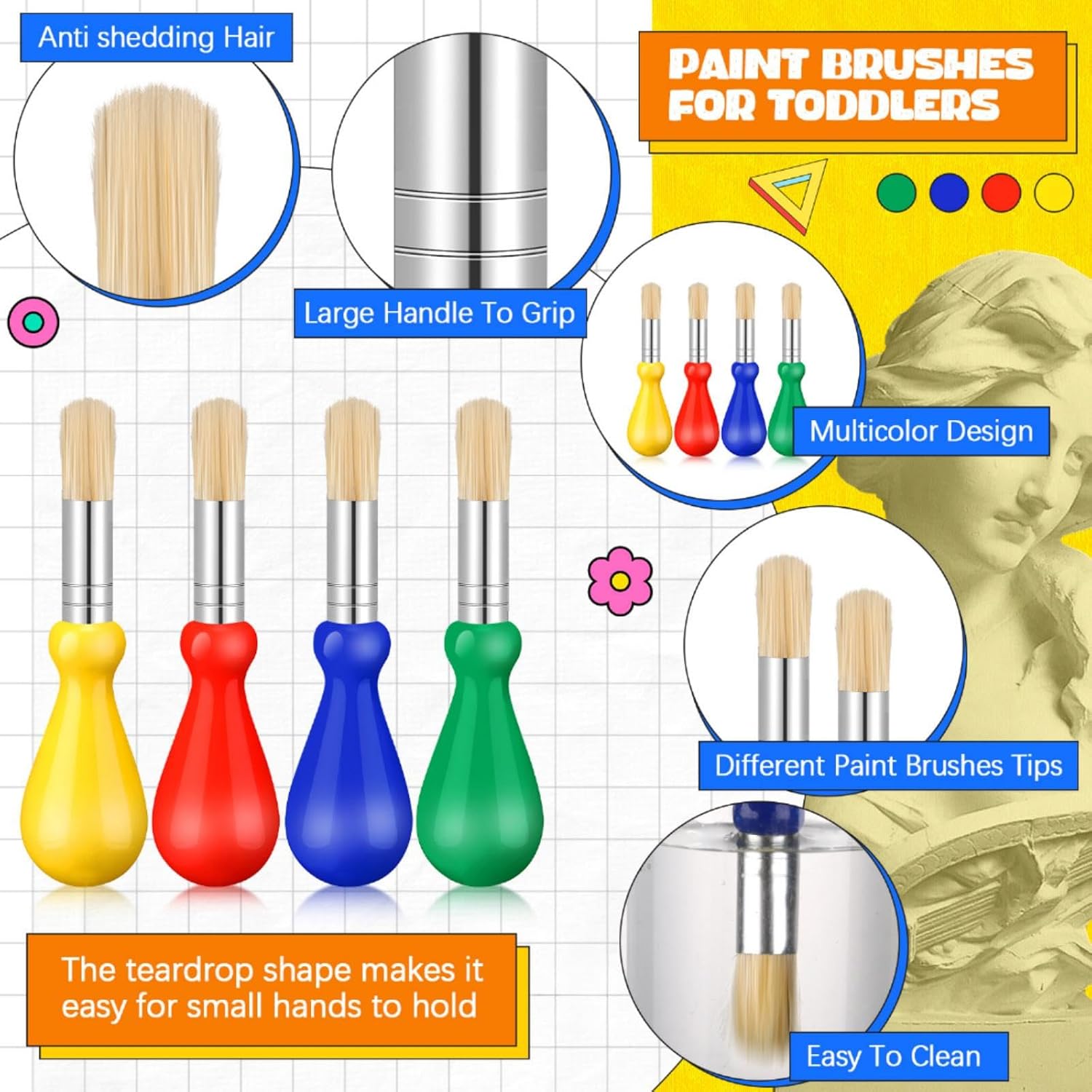 Frienda 36 Pcs Chubby Paint Brushes for Kids Bulk Toddler Paint Brushes with Colorful Handle Washable Easy Grip Clean Vegan Bristles for Baby Preschool Watercolor Painting Art Supplies Craft Projects