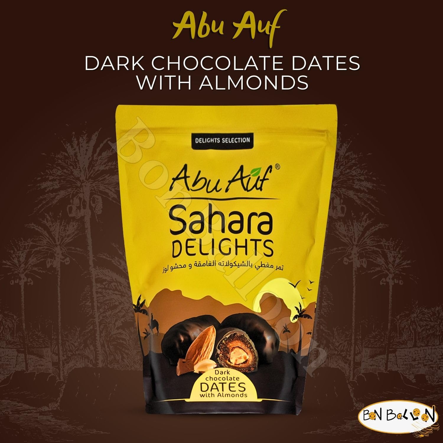 Abu Auf Sahara Delights Dark Chocolate Dates With Almonds Delicious Finest Natural Egypt Tamar Tamr Tamaar Ramadan Kosher Halal (1 Pack = 10.58 oz / 300 gm) تمر مغطى بالشيكولاته الغامقة ومحشو لوز