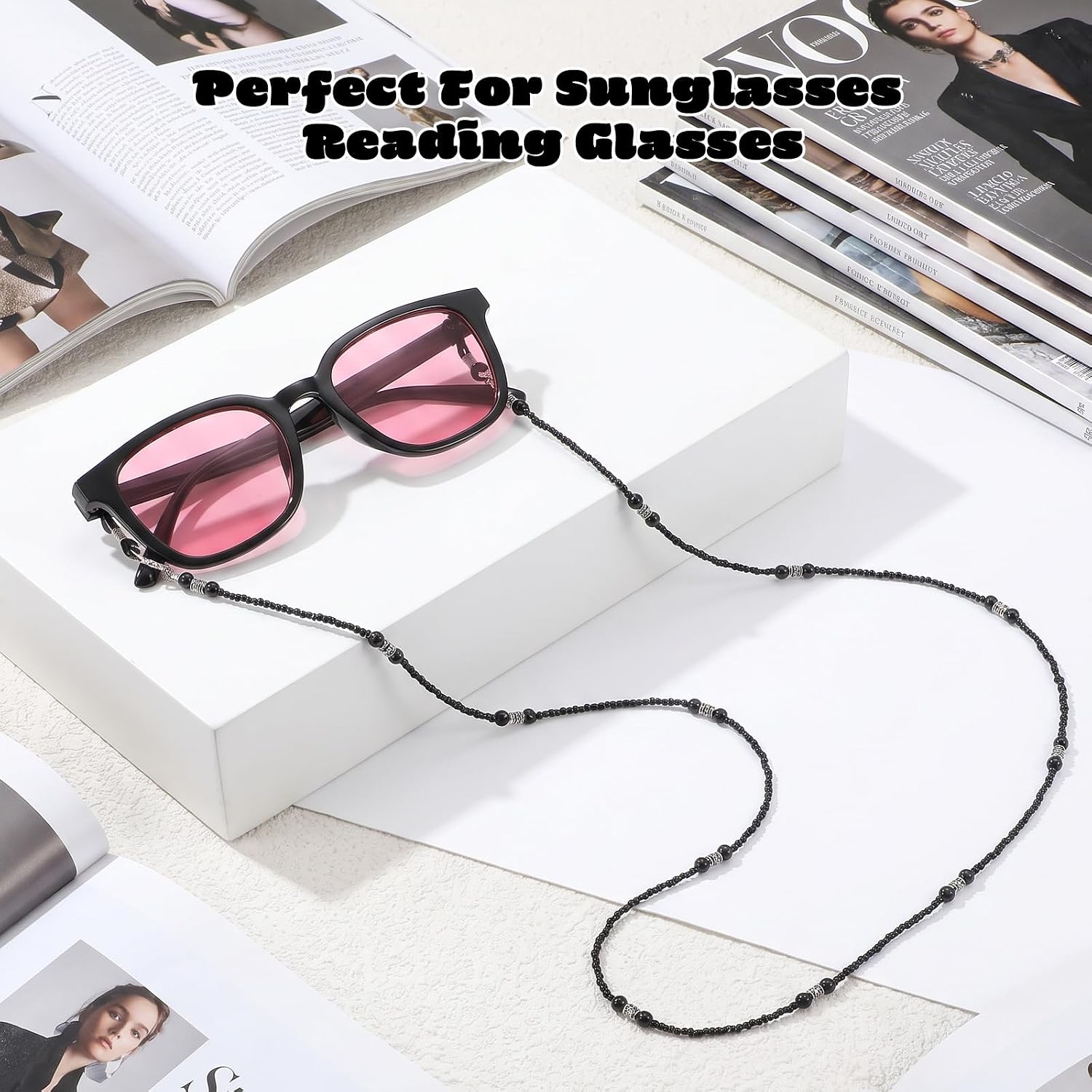 Xinjoduz 1 PCS Acrylic Beaded Glasses Chain for Women, Decorative Black Eyeglass Chain Sunglasses Strap Eye Glasses Holder Necklace Around Neck Glass Lanyard for Women Men