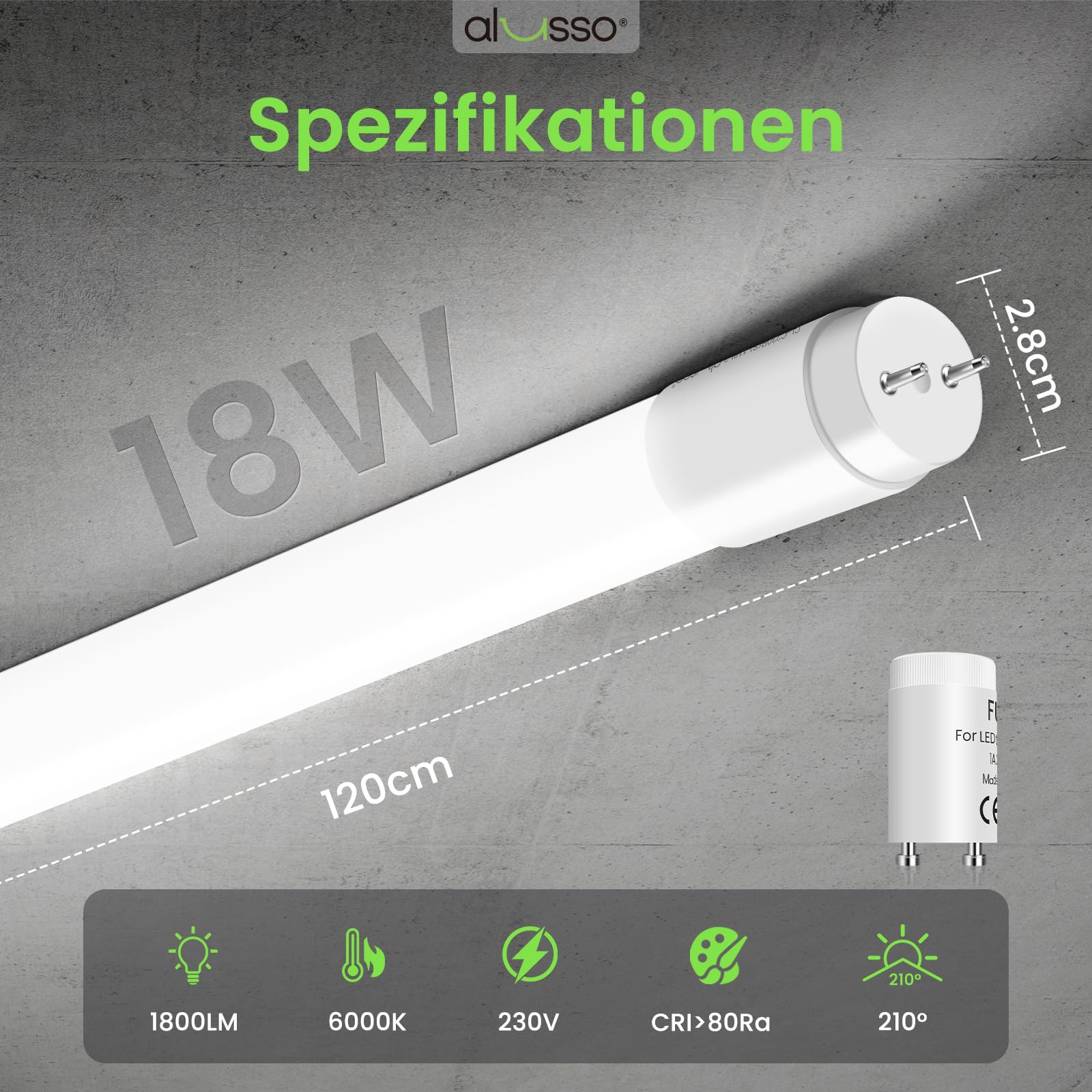 ALUSSO LED Röhre 120cm 6000K Kaltweiß, 18W T8 Leuchtstoffröhre 10-er Pack | Hohe Helligkeit 1800LM ersetzen 36W, Inklusive G13 Starter, 210° Abstrahlwinkel, Geeignet für Büros, Garagen, Lagerhallen