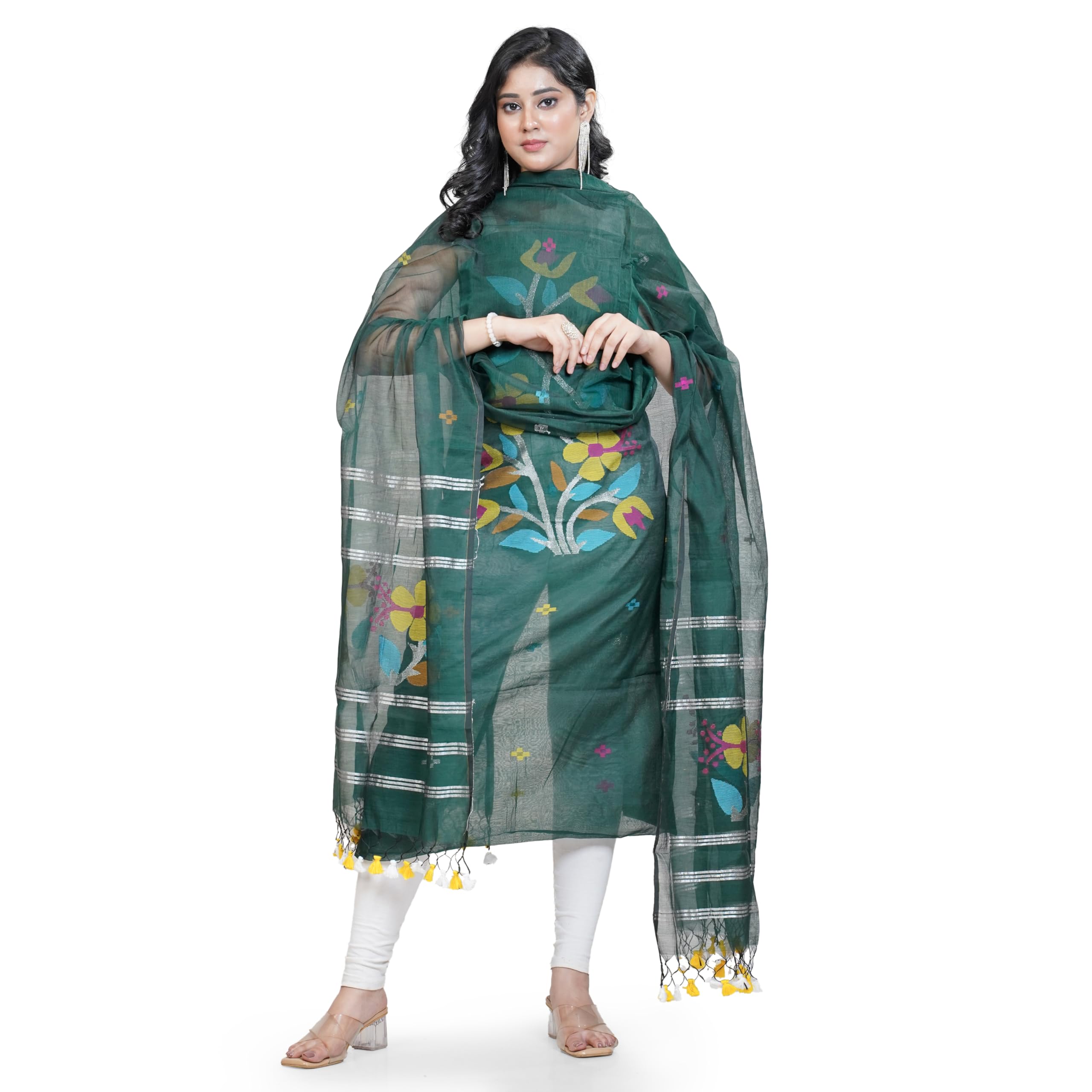 Handwoven Jamdani Suit with Jal Net Dupatta, Bottle Green, Muslin, Floral Work, 2.5 Metre Top and Dupatta-picture-16