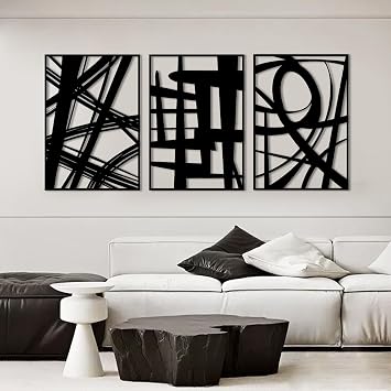 WINUSD 3Pcs Abstract Black Metal Wall Art, 3D Textured Metal Wall Decor, Modern Hollow Out Design Metal Wall Sculptures, Minimalist Line Art Home Decor for Living Rooms Offices Restaurants16in x 11in