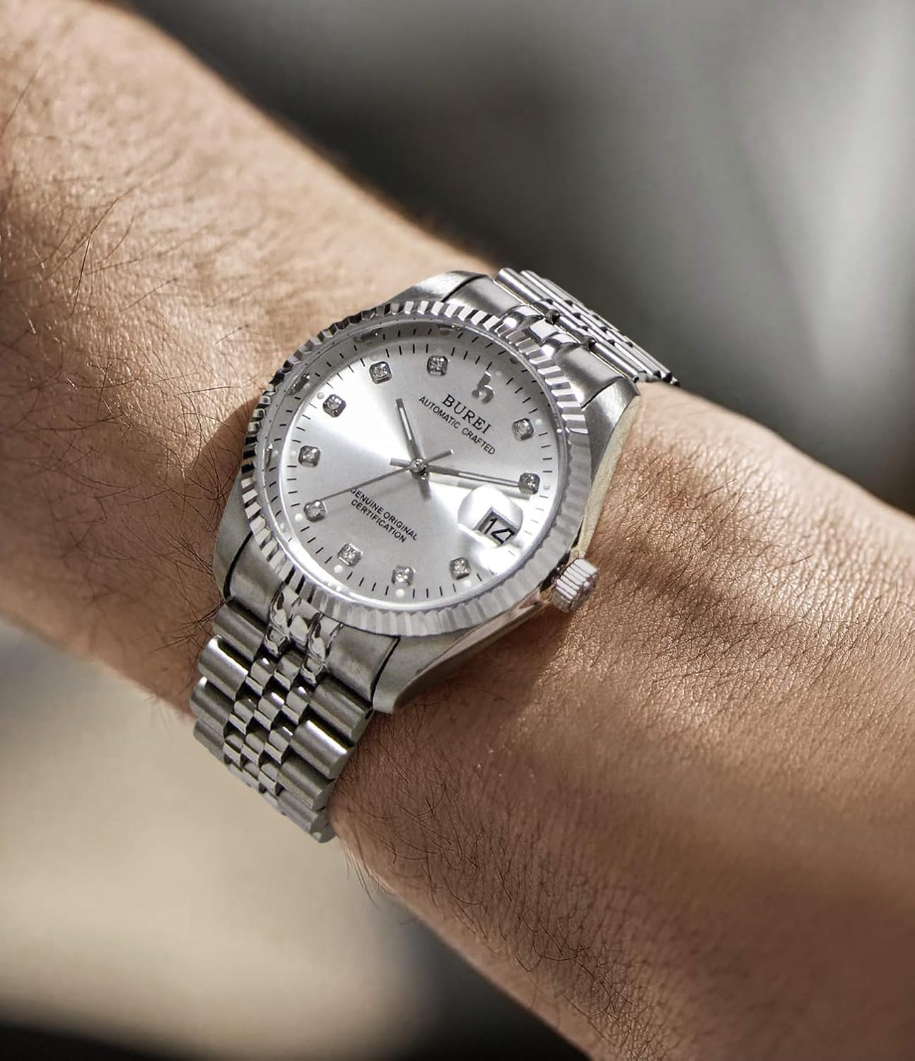 BUREI Men Automatic Watch Mechanical Waist Watches with Date Window Synthetic Sapphire Lens and Stainless Steel Band