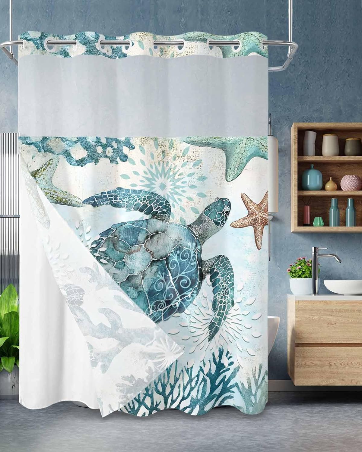 Sea Turtle Shower Curtains Set Ocean Coral Starfish No Hook Shower Curtains with Snap in Liner 48" x 72" Vintage Undersea Waterproof Fabric See Through Top Sheer Window for Bathroom Shower Room
