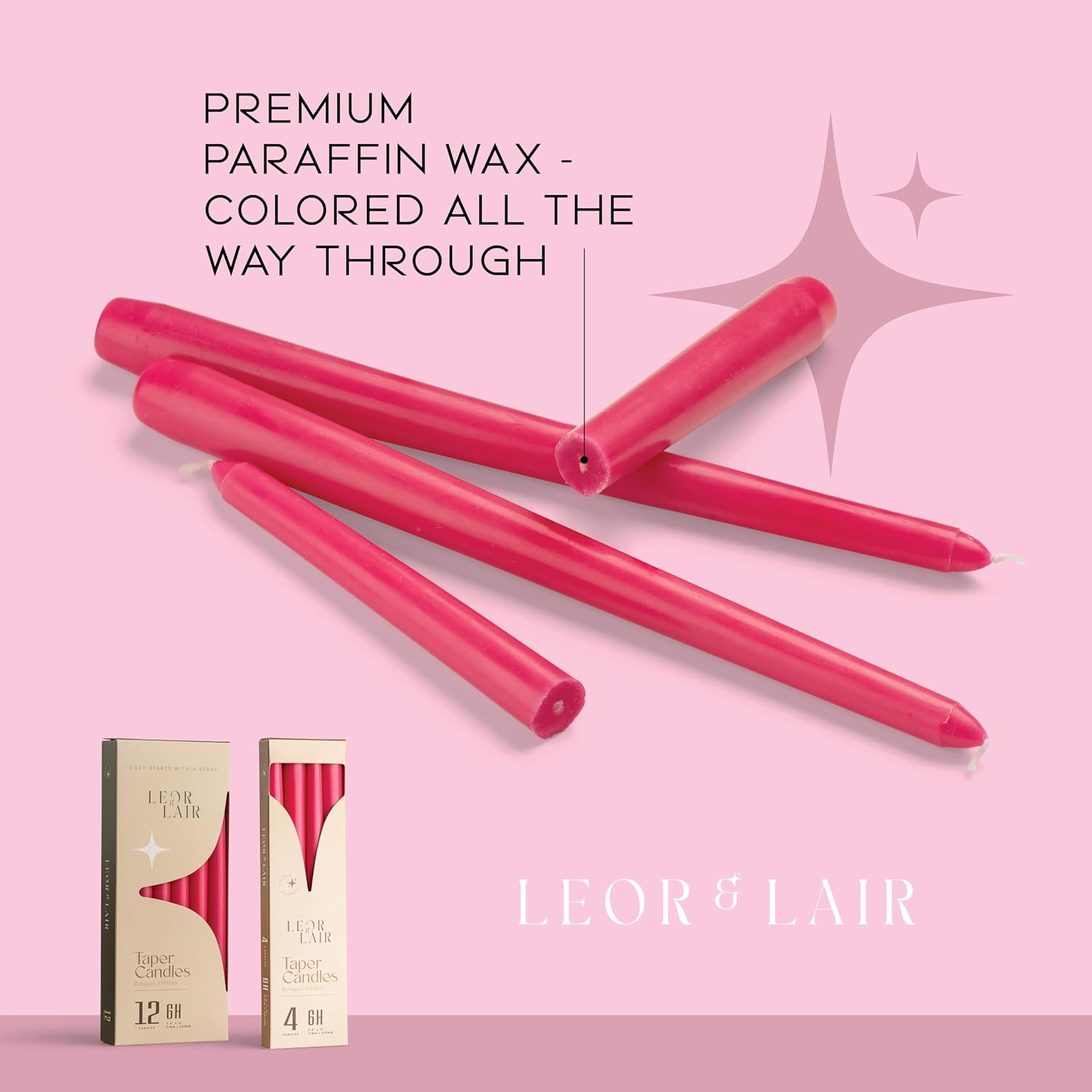 Leor & Lair Hot Pink Taper Candles, 12 Pack, 10" Pink Candles
