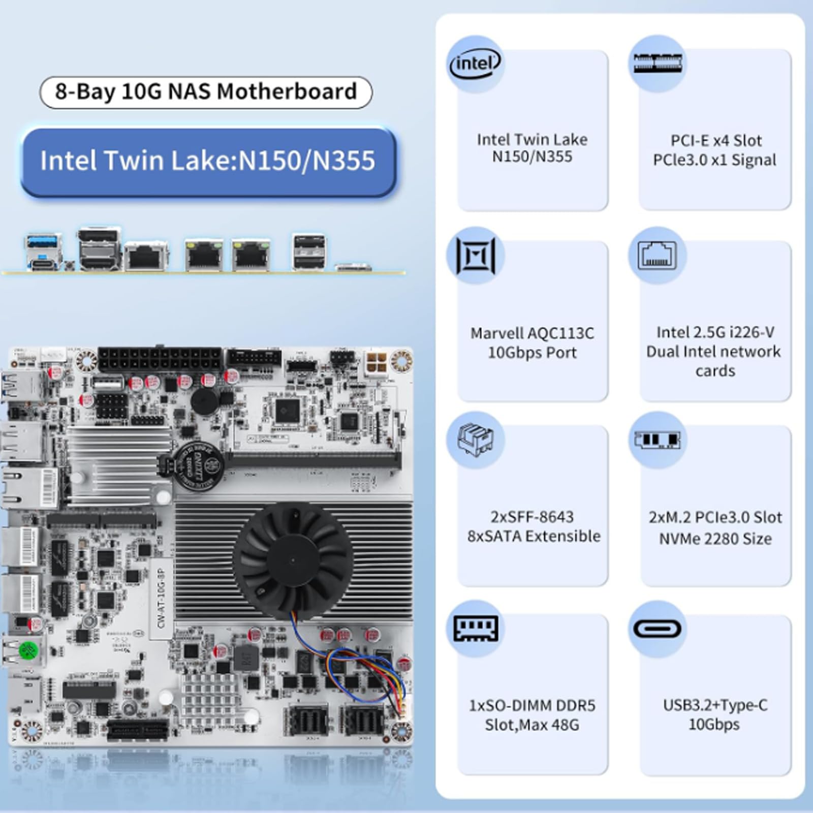 10GbE N150 N355 NAS Motherboard, 8 Bay mainboard mit CPU mit 10GbE RJ45, Mini ITX Mainboard in Weiß, 2X NVMe, Dual 2.5GbE LAN, M.2 WiFi, DDR5, USB-C, PCIe x1, NO RAM NO SSD (N150+2XSFF-8643-4SATA)