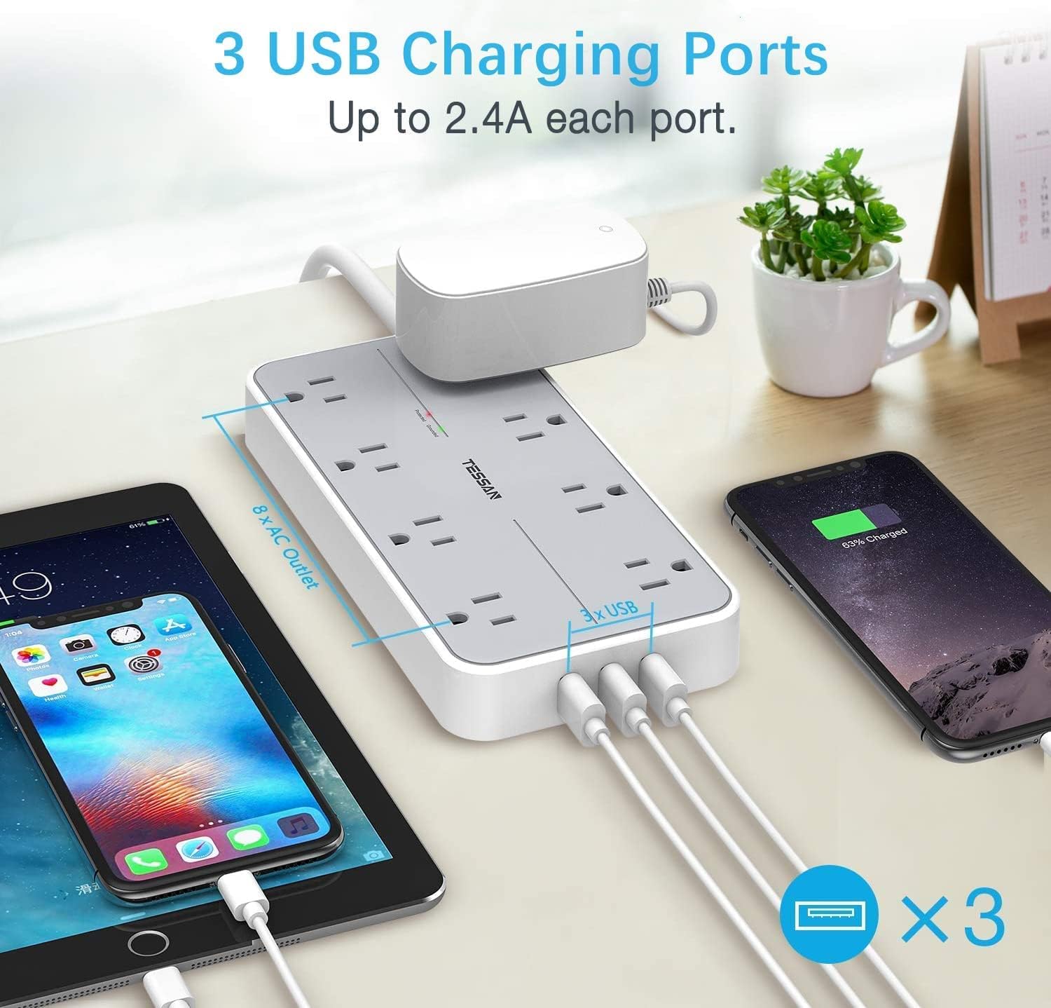 Flat Plug Extension Cord 10 FT, TESSAN Surge Protector Power Strip with 8 AC and 3 USB Ports, 1875W, 15A, 1080J, Wall Mount Widely Spaced Charging Station for Home, Office, Indoor, School, Dorm Room