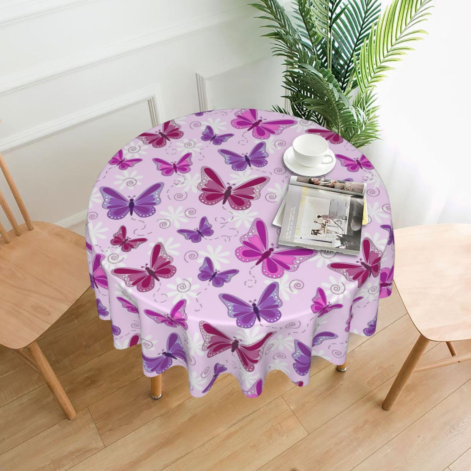 Zcmkjlg Pink butterfly Print Quick Ship Round Tablecloth 60in Polyester Washable Cover for Dining Room