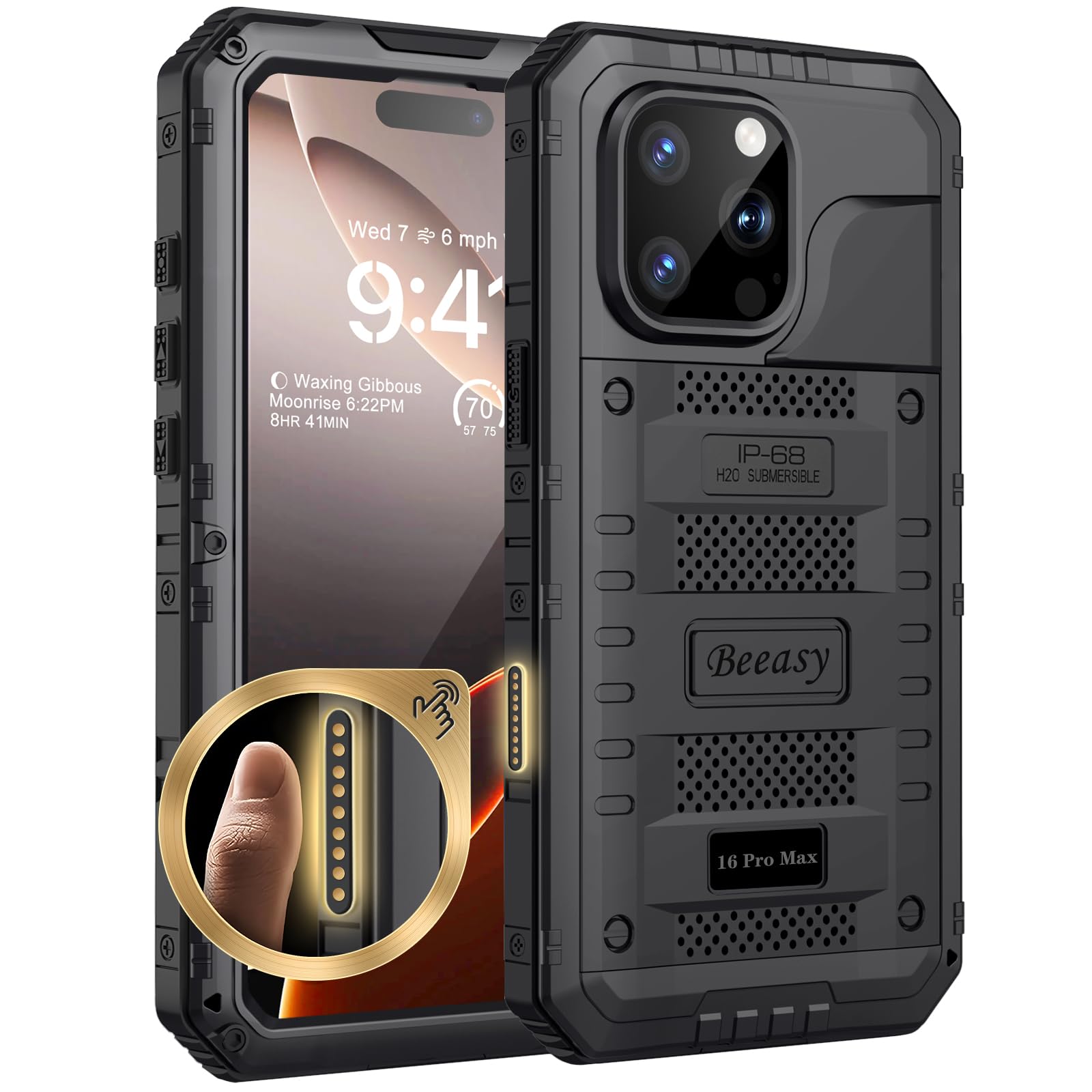 Beeasy Cover per iPhone 16 Pro Max IP68 Impermeabile,360 Antiurto Militare Rugged Armor,Resistente Indistruttibile Metallo Custodia,Subacquea Protezione Case per iPhone 16 Pro Max,Nero