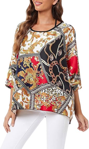 Rokou Womens Floral Chiffon Blouse Loose Batwing Bohemian Semi Sheer Tops