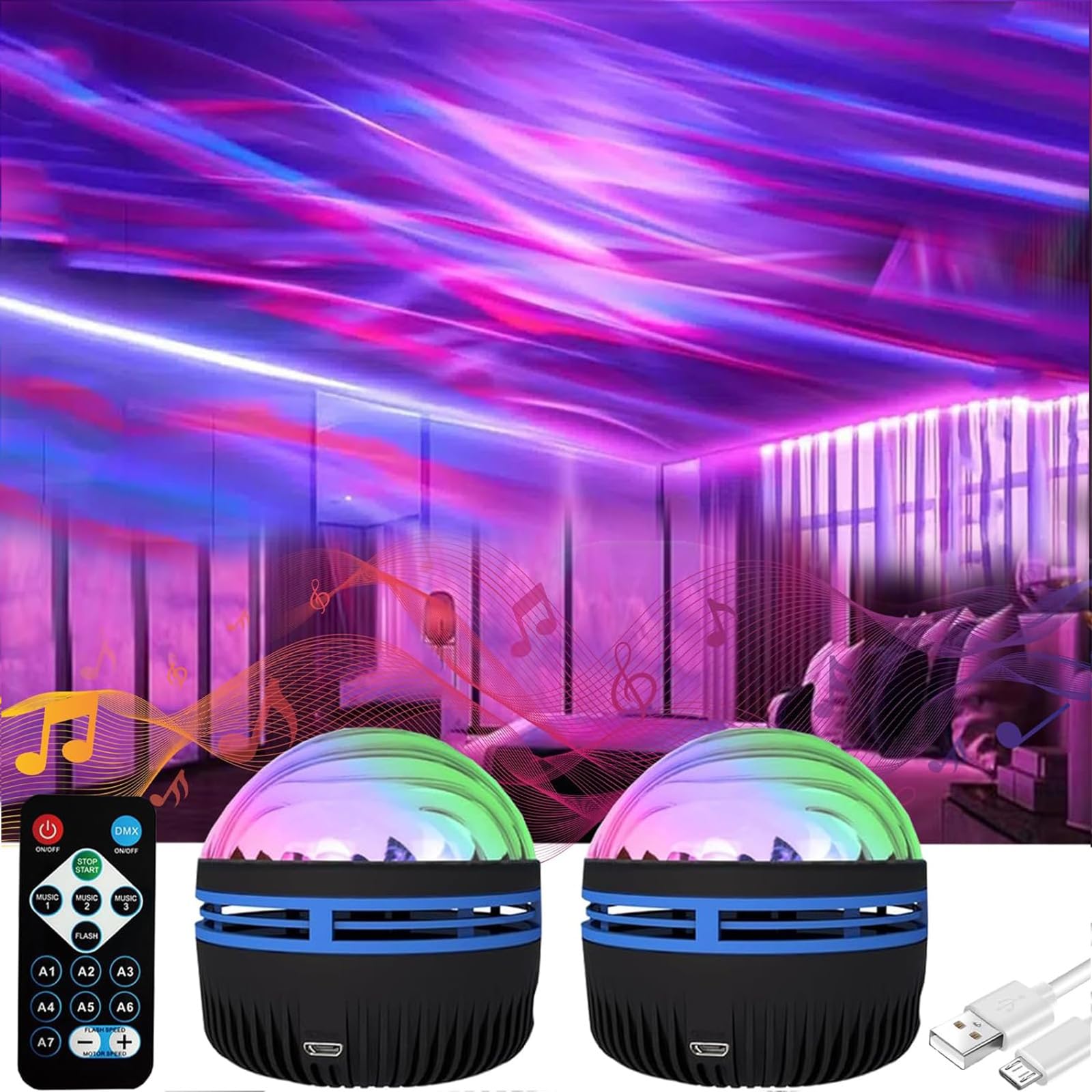 Yonruit 2 In 1 Northern Lights and Ocean Wave Projector with 14 Light Effects for Bedroom,Adjustable Lightness Music Speaker for Bedroom,Aurora Borealis Projector (2pcs,One Size)