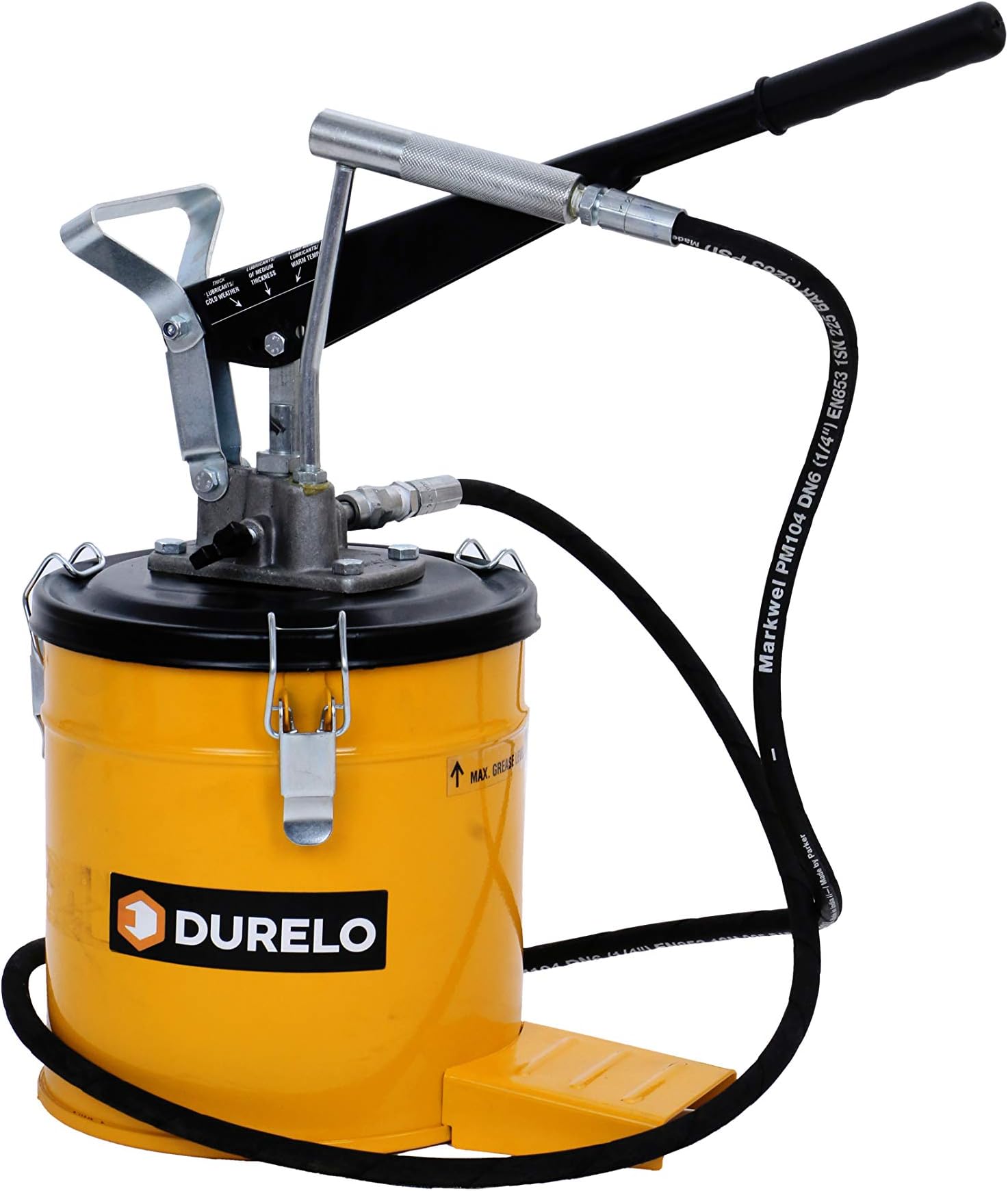 DURELOGBP-6 Grease Gun Bucket 6kg | High Pressure Grease Pump Complete with Handle, High Pressure Hose 2.2mtr and 4 Jaw Coupler