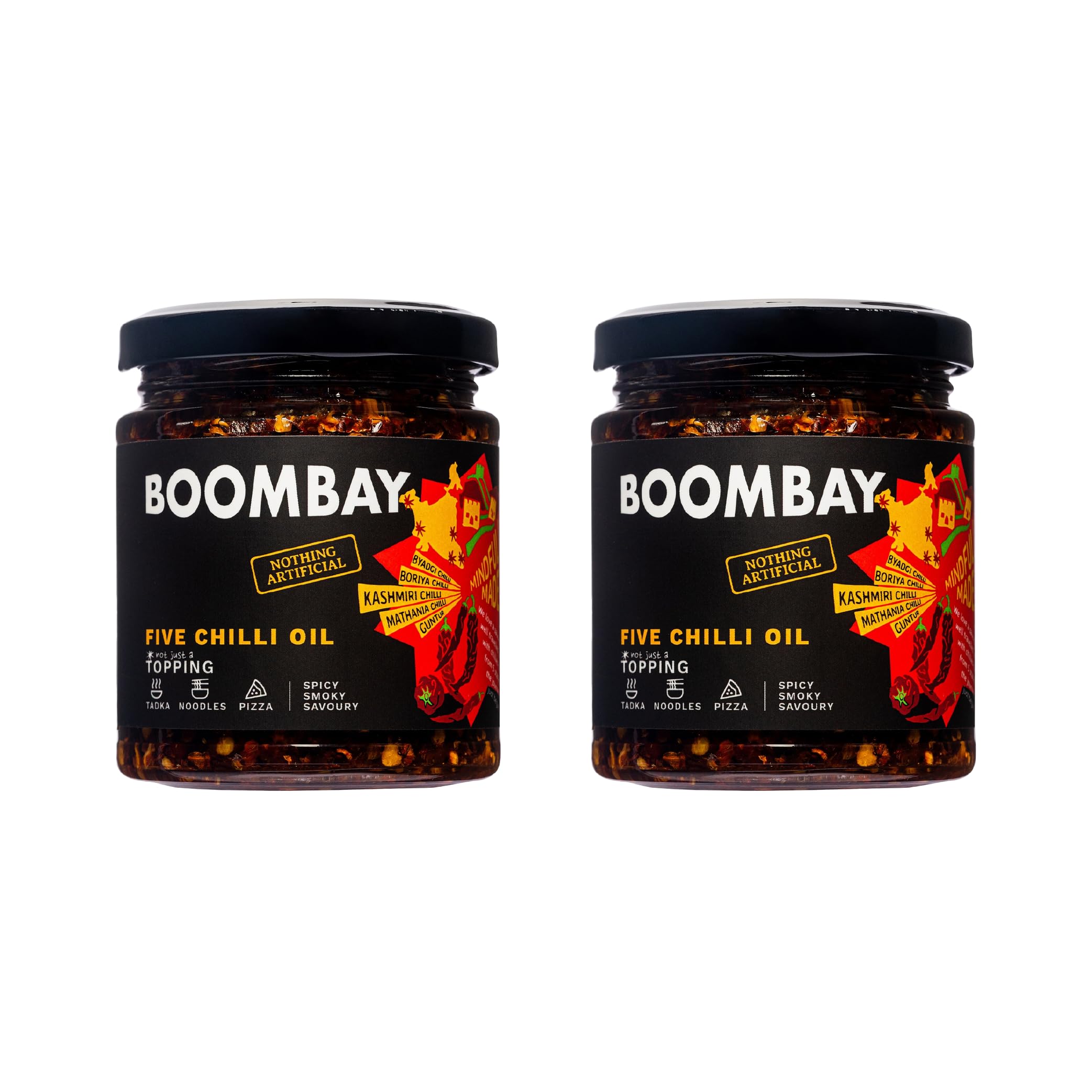 Boombay Five Chilli Oil Topping 190 grams | Nothing Artificial | No Bad Oils | Zero Sugar | Plant Based | Use as a Tadka for Dal, Topping on Pizza, Spicy Flavour to Noodles (Pack of 2)