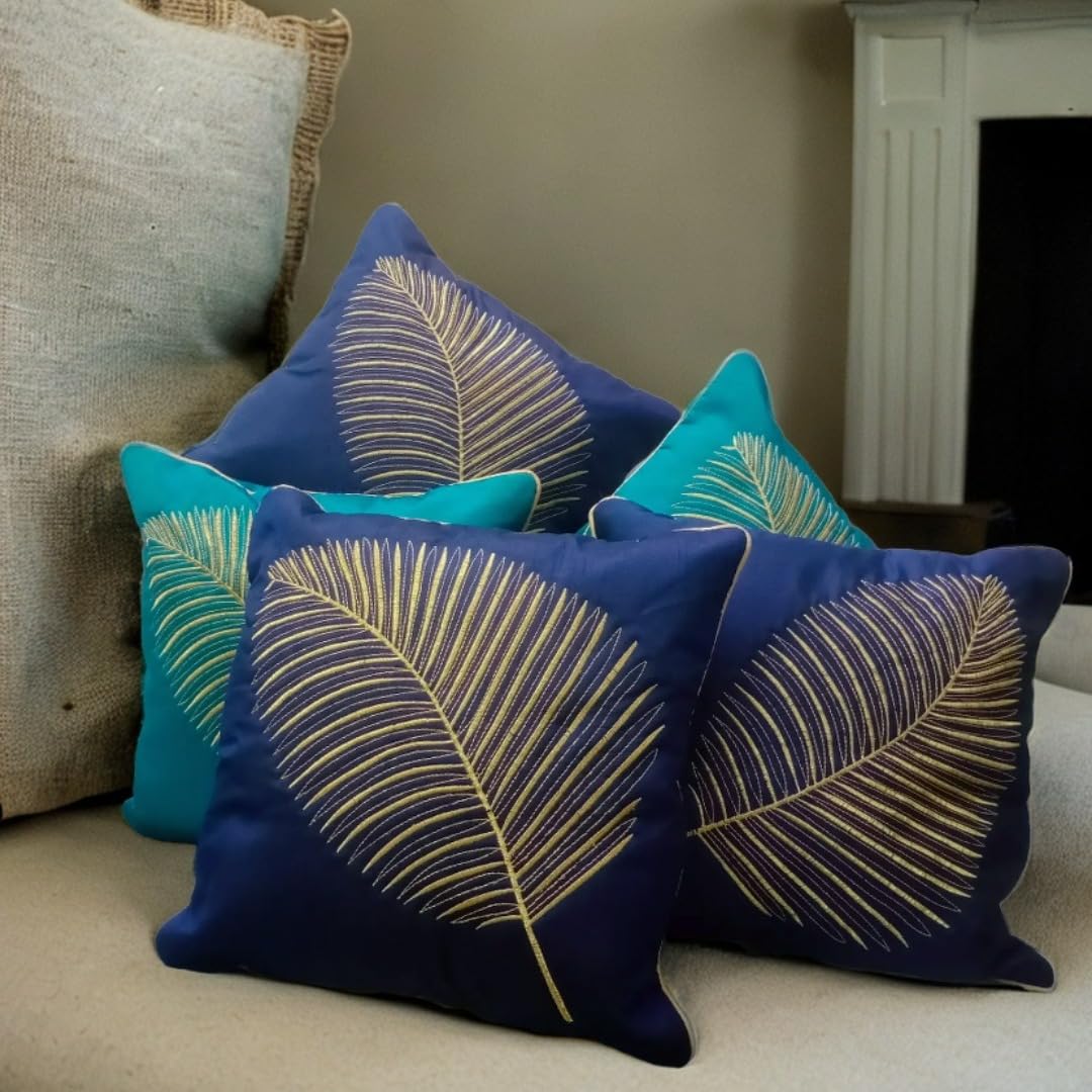 Fab Nation Cushion Covers 16 inch x 16 inch Midnight Blue n Teal Blue Decorative Pillow Covers with Golden Zari Leaf Embroidered 16x16 inches Set of 5 for Sofa Chair, Diwali Home Decor | Square