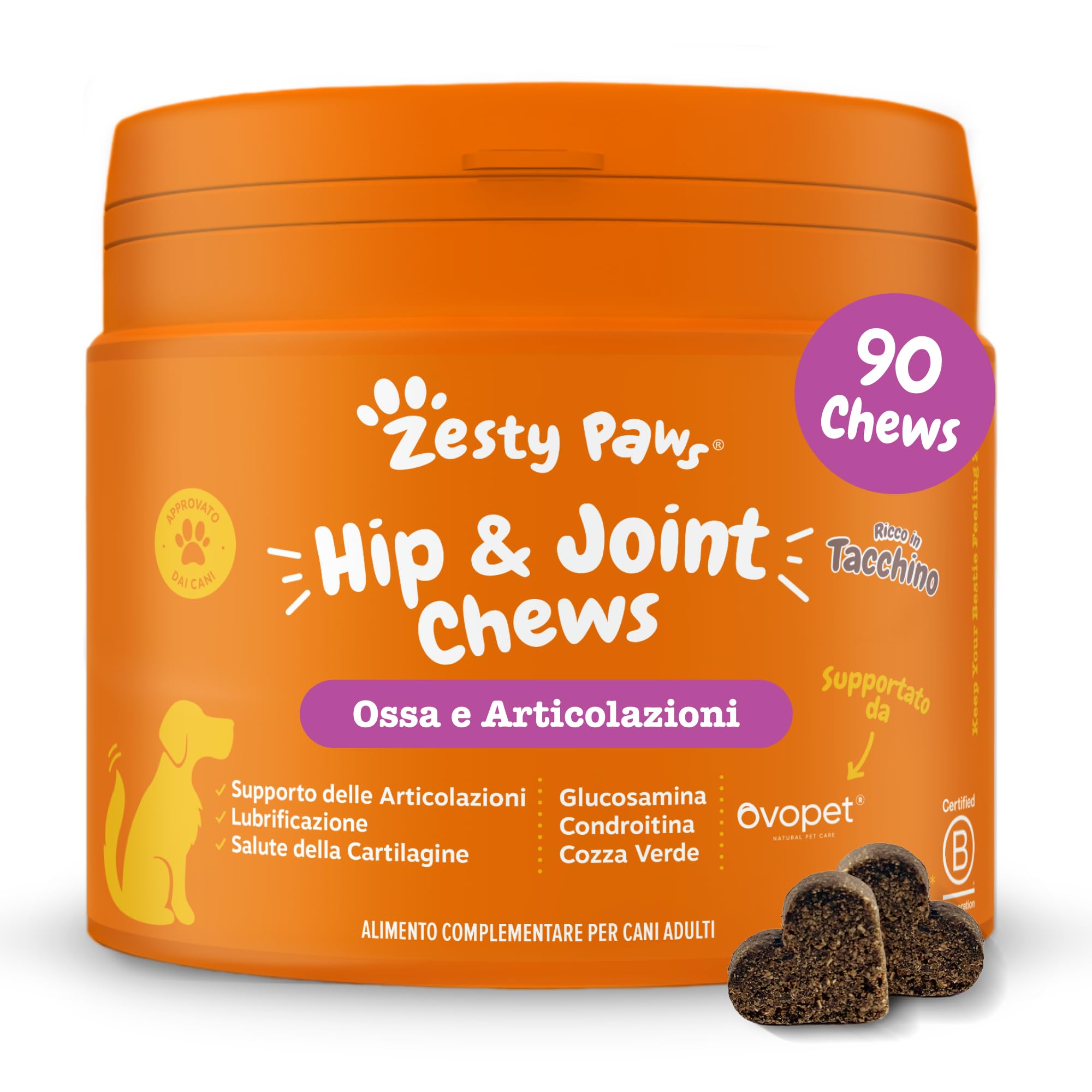 Zesty Paws Hip & Joint per Cani – Supporto Mobilità, Flessibilità Articolare, Articolazioni Rigide e Cartilagine – con Glucosamina, Condroitina e Cozza Verde – 90 Bocconcini