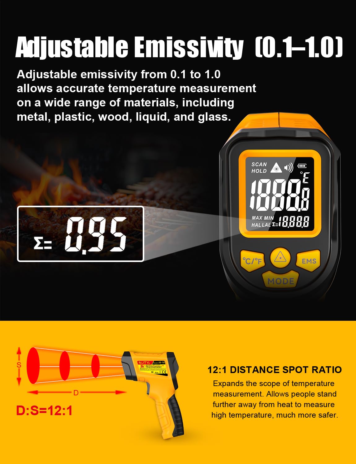 NJTY Infrared Thermometer Gun, -58℉ to 1472℉, High Precision, Non-Contact Laser Temperature Sensor with Backlit LCD, for Cooking, BBQ, Automotive, Industrial Use