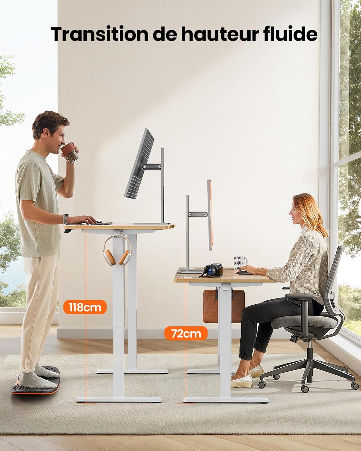 Graphic illustrating the height transition of the ErGear Electric Standing Desk from 72cm to 118cm.
