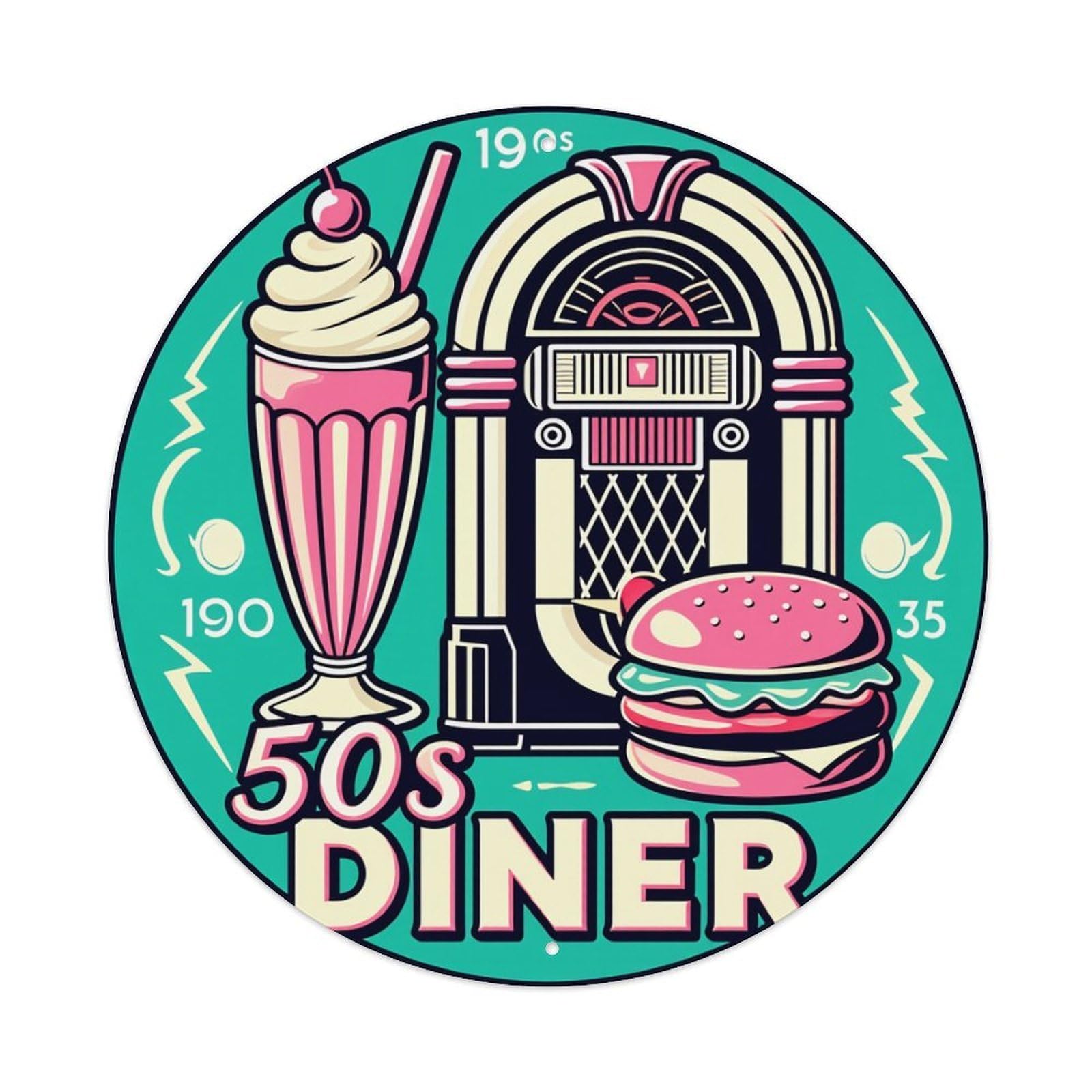 Retro Diner Jukebox Milkshake Burger Round Tin Sign Retro Metal Sign for Cafe Bar Pub Home Game Room Gym Club Wall Decoration Vintage Metal Poster 8x8 Inch