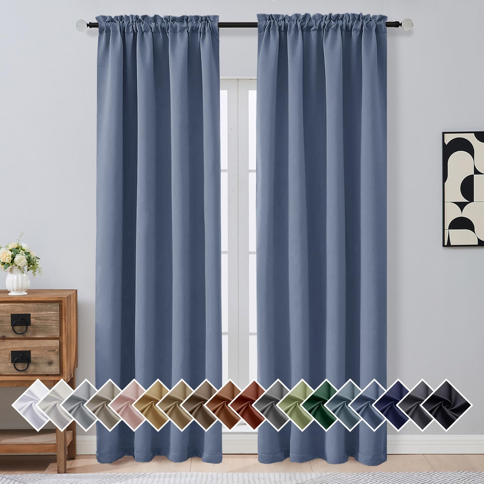 OVZME Denim Blue Blackout Curtains for Bedroom 90 Inches Long 2 Panels, Thermal Insulated Soft Fabric Solid Privacy Curtains for Living Room, Rod Pocket Modern Window Treatments, 2x40Wx90L Inches
