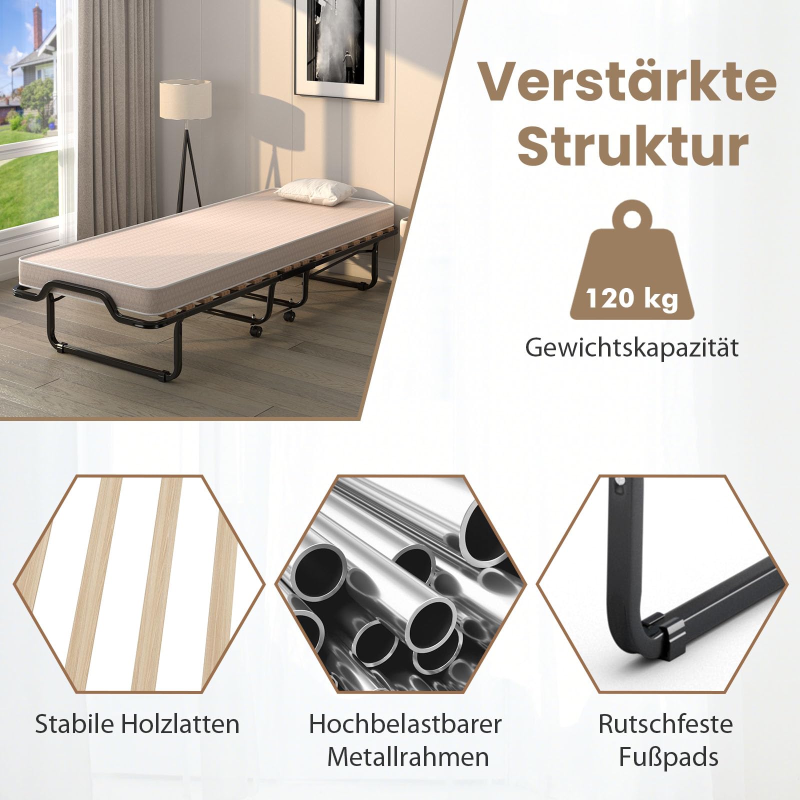 COSTWAY Gästebett klappbar 90x200 cm, Klappbett Erwachsene mit Matratze aus Rückstellschaum, Einzelbett mit 4 Rollen & Stabiler Metallrahmen, Reisebett für Camping & Gästezimmer (Beige)