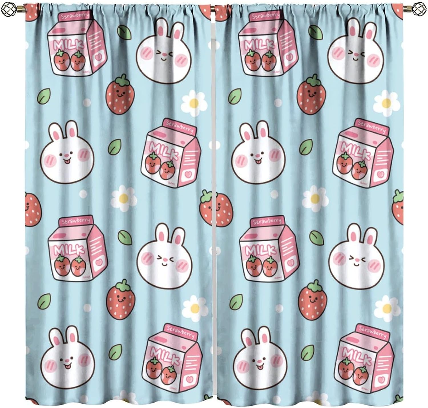 Bunny Curtain Cute Rabbit Strawberry Milk Flower Pattern for Kids Room Decoration Blackout Print Rod Pocket Window Drapes for Bedroom Living Room 63x72in