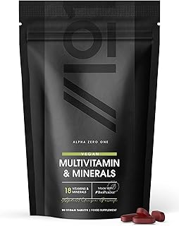 Multivitamins & Minerals for Men and Women – 90 Vegan Tablets – High Strength 18 Essential Vitamins & Minerals with Iron, Vitamin C, B12 & D3 – by Alpha01